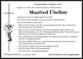 Traueranzeige von Manfred Übelhör von Allgäuer Anzeigeblatt
