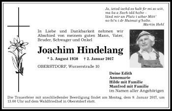 Traueranzeige von Joachim Hindelang von Allgäuer Anzeigeblatt