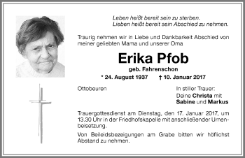 Traueranzeige von Erika Pfob von Memminger Zeitung