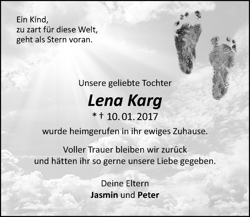  Traueranzeige für Lena Karg vom 16.01.2017 aus Allgäuer Zeitung,Kempten