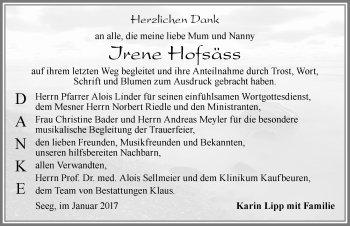 Traueranzeige von Irene Hofsäss von Allgäuer Zeitung, Füssen
