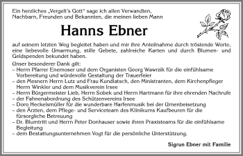 Traueranzeige von Hanns Ebner von Allgäuer Zeitung, Kaufbeuren/Buchloe