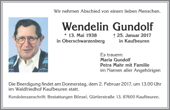 Traueranzeige von Wendelin Gundolf von Allgäuer Zeitung, Kaufbeuren/Buchloe