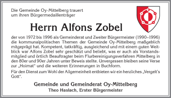 Traueranzeige von Alfons Zobel von Allgäuer Zeitung,Kempten