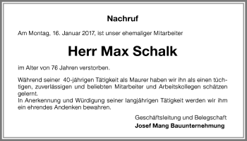Traueranzeige von Max Schalk von Memminger Zeitung