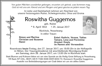 Traueranzeige von Roswitha Guggemos von Allgäuer Zeitung, Füssen