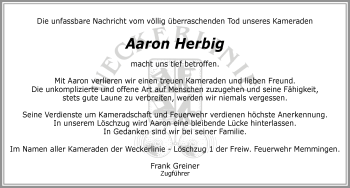 Traueranzeige von Aaron Herbig von Memminger Zeitung