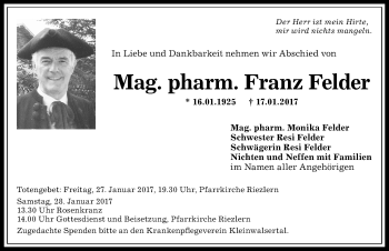 Traueranzeige von Franz Felder von Allgäuer Anzeigeblatt