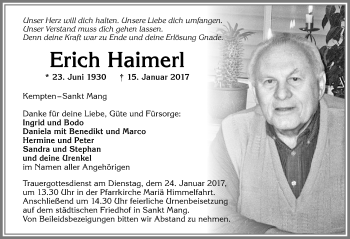 Traueranzeige von Erich Haimerl von Allgäuer Zeitung,Kempten