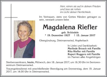 Traueranzeige von Magdalena Riefler von Allgäuer Zeitung