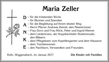 Traueranzeige von Maria Zeller von Allgäuer Zeitung,Kempten