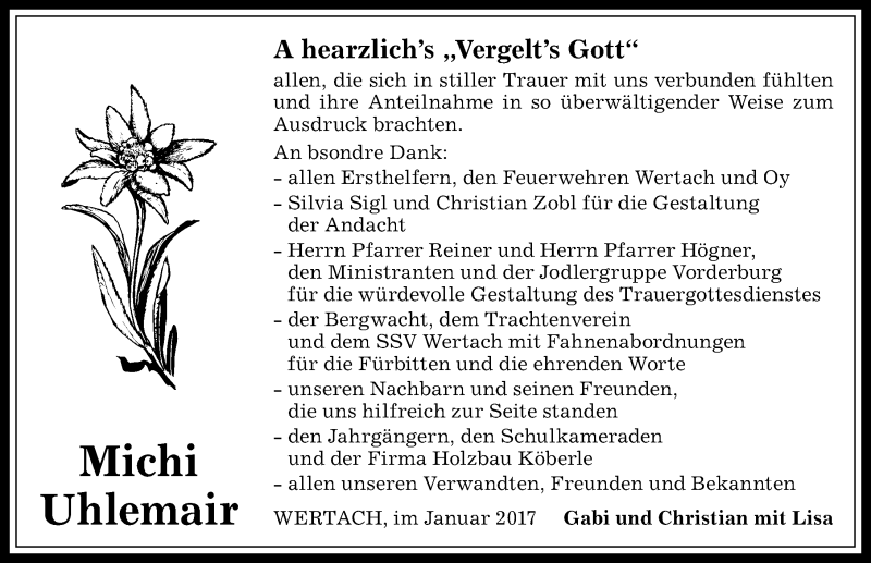  Traueranzeige für Michi Uhlemair vom 14.01.2017 aus Allgäuer Anzeigeblatt