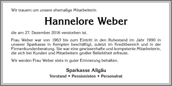 Traueranzeige von Hannelore Weber von Allgäuer Zeitung