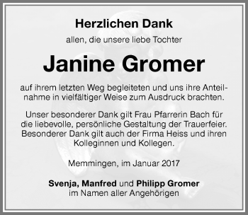 Traueranzeige von Janine Gromer von Memminger Zeitung