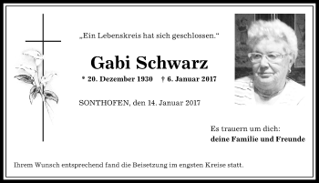 Traueranzeige von Gabi Schwarz von Allgäuer Anzeigeblatt