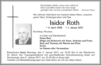 Traueranzeige von Isidor Roth von Allgäuer Zeitung, Füssen