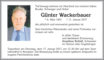 Traueranzeige von Günter Wackerbauer von Allgäuer Zeitung,Kempten