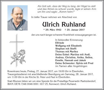 Traueranzeige von Ulrich Ruhland von Allgäuer Zeitung, Marktoberdorf