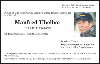 Traueranzeige von Manfred Übelhör von Allgäuer Anzeigeblatt