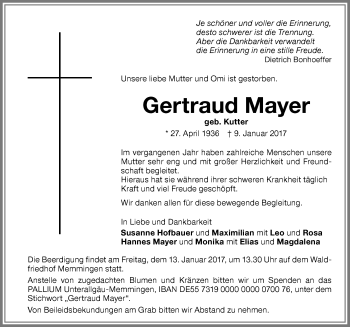 Traueranzeige von Gertraud Mayer von Memminger Zeitung