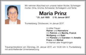 Traueranzeige von Maria Prinz von Memminger Zeitung