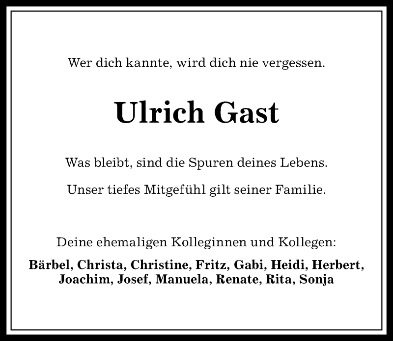  Traueranzeige für Uli Gast vom 20.01.2017 aus Allgäuer Anzeigeblatt