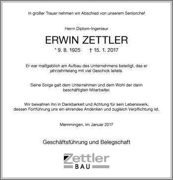 Traueranzeige von Erwin Zettler von Memminger Zeitung