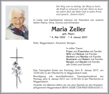 Traueranzeige von Maria Zeller von Allgäuer Zeitung,Kempten