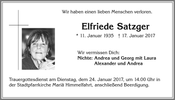 Traueranzeige von Elfriede Satzger von Allgäuer Zeitung, Kaufbeuren/Buchloe