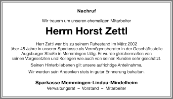 Traueranzeige von Horst Zettl von Memminger Zeitung