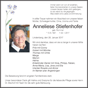 Traueranzeige von Anneliese Stiefenhofer von Der Westallgäuer