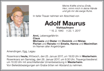Traueranzeige von Adolf Maurus von Memminger Zeitung