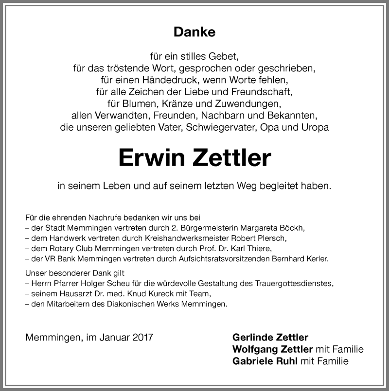 Traueranzeige für Erwin Zettler vom 28.01.2017 aus Memminger Zeitung