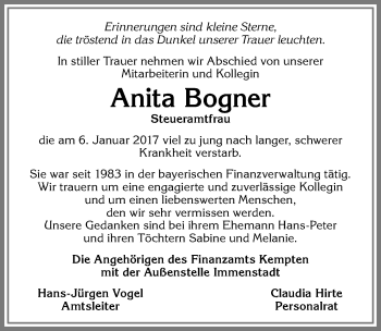 Traueranzeige von Anita Bogner von Allgäuer Zeitung,Kempten