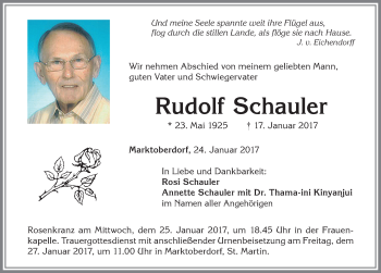 Traueranzeige von Rudolf Schauler von Allgäuer Zeitung, Marktoberdorf