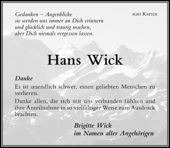 Traueranzeige von Hans Wick von Der Westallgäuer
