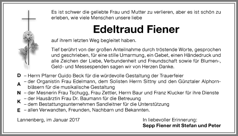  Traueranzeige für Edeltraud Fiener vom 28.01.2017 aus Memminger Zeitung