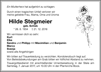 Traueranzeige von Hilde Stegmeier von Memminger Zeitung