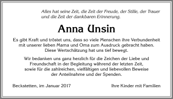 Traueranzeige von Anna Unsin von Allgäuer Zeitung, Kaufbeuren/Buchloe