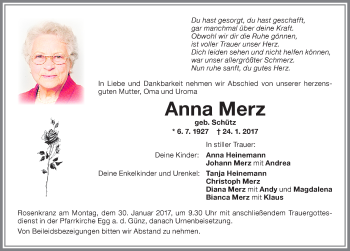 Traueranzeige von Anna Merz von Memminger Zeitung