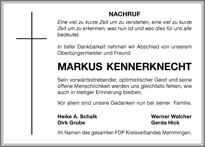  Traueranzeige für Markus Kennerknecht vom 14.01.2017 aus Memminger Zeitung