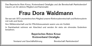 Traueranzeige von Dora Waldmann von Allgäuer Zeitung, Marktoberdorf