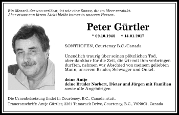 Traueranzeige von Peter Gürtler von Allgäuer Anzeigeblatt