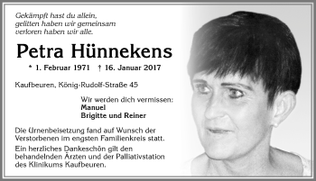 Traueranzeige von Petra Hünnekens von Allgäuer Zeitung, Kaufbeuren/Buchloe
