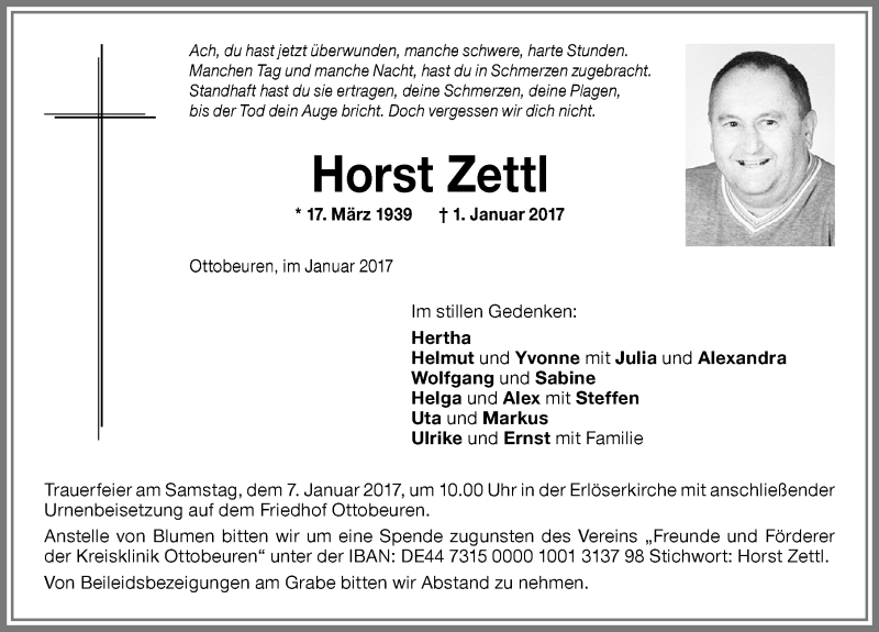  Traueranzeige für Horst Zettl vom 04.01.2017 aus Memminger Zeitung