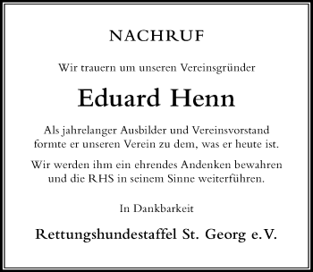 Traueranzeige von Eduard Henn von Der Westallgäuer