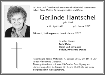Traueranzeige von Gerlinde Hantschel von Allgäuer Zeitung, Marktoberdorf