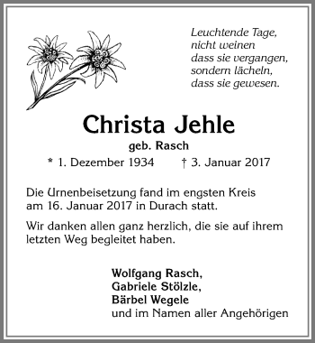 Traueranzeige von Christa Jehle von Allgäuer Zeitung,Kempten