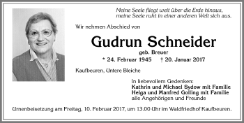 Traueranzeige von Gudrun Schneider von Allgäuer Zeitung, Kaufbeuren/Buchloe