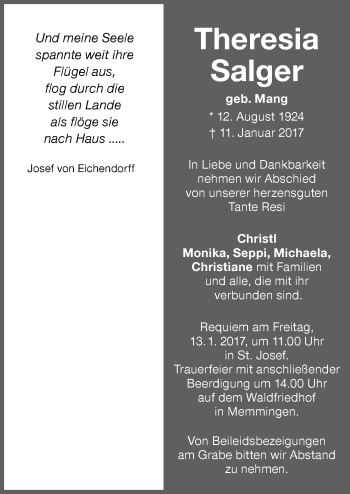Traueranzeige von Theresia Salger von Memminger Zeitung